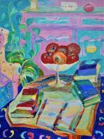 Still Life - Still Life  Apples In Oval And Books - Acrylic On Canvas